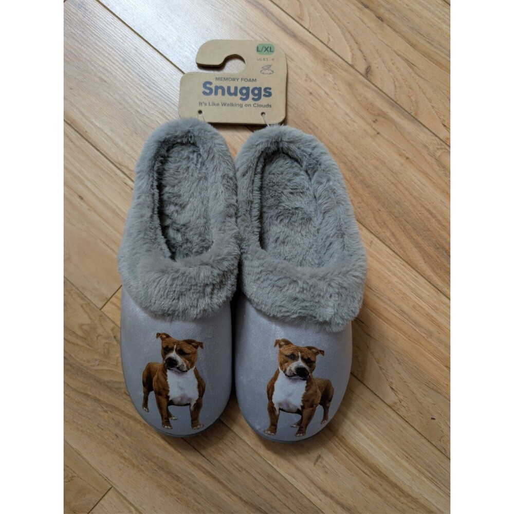 Snuggs Memory Foam Slippers Womens L/XL 8.5-11 Gray Pit Bull Dog Print NWT